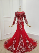 Dark Red Tulle Embroidery Appliques Long Sleeve Prom Dress